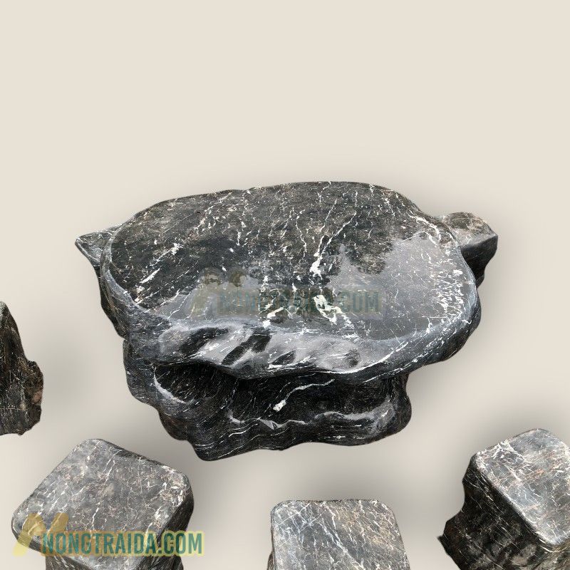 Bàn ghế đá đen nguyên khối giá rẻ 115x100x60cm