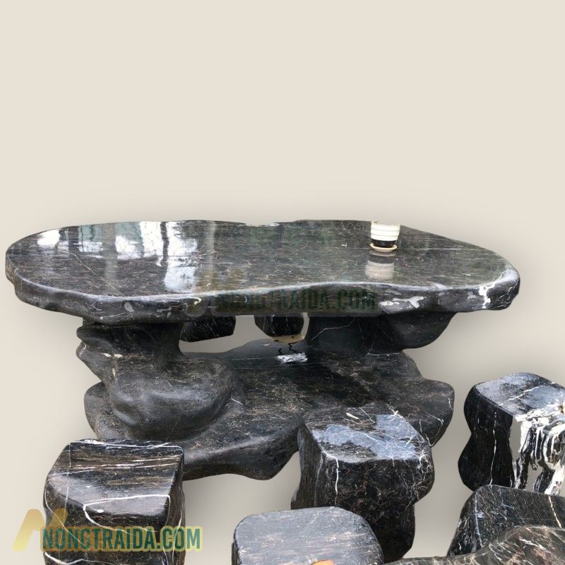 Bộ bàn ghế đá đen 2 chân nguyên khối 180x116x60cm