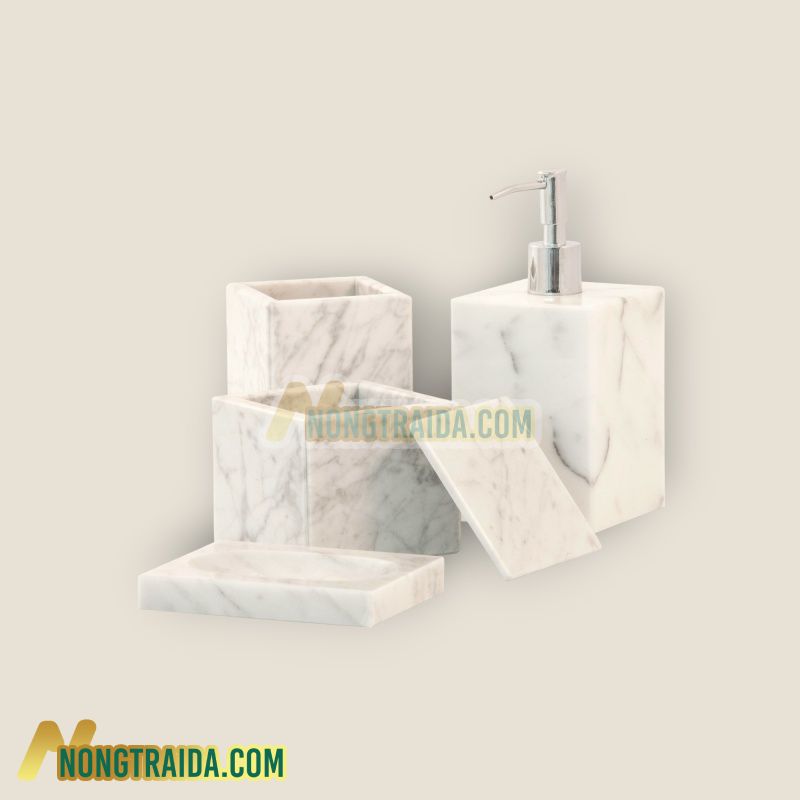 Bộ đồ dùng cho phòng tắm hình vuông, làm thủ công bằng đá Carrara trắng