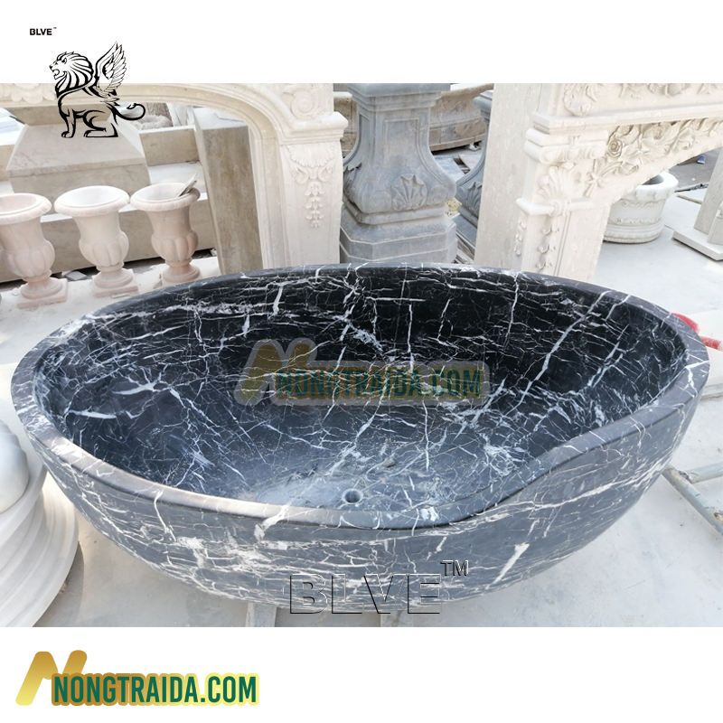 Bồn tắm đá tự nhiên lớn, được điêu khắc thủ công từ đá Nero Marquina màu đen