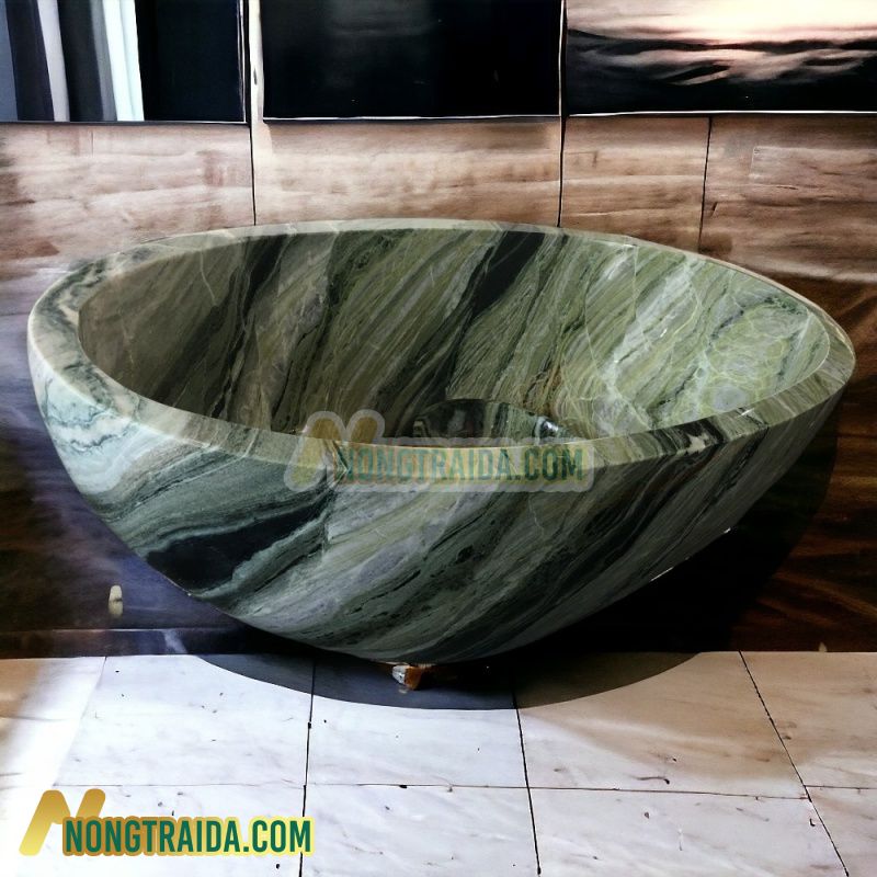 Bồn tắm đứng hình ovan từ đá marble xanh lớn, kiểu dáng kiểu châu Âu