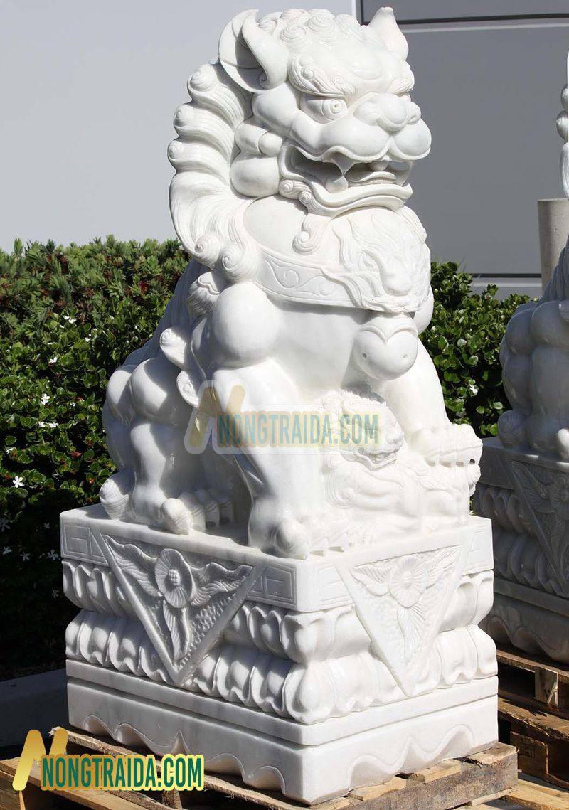 Cặp tượng sư tử khổng lồ đá marble trắng nguyên khối 162.56cm