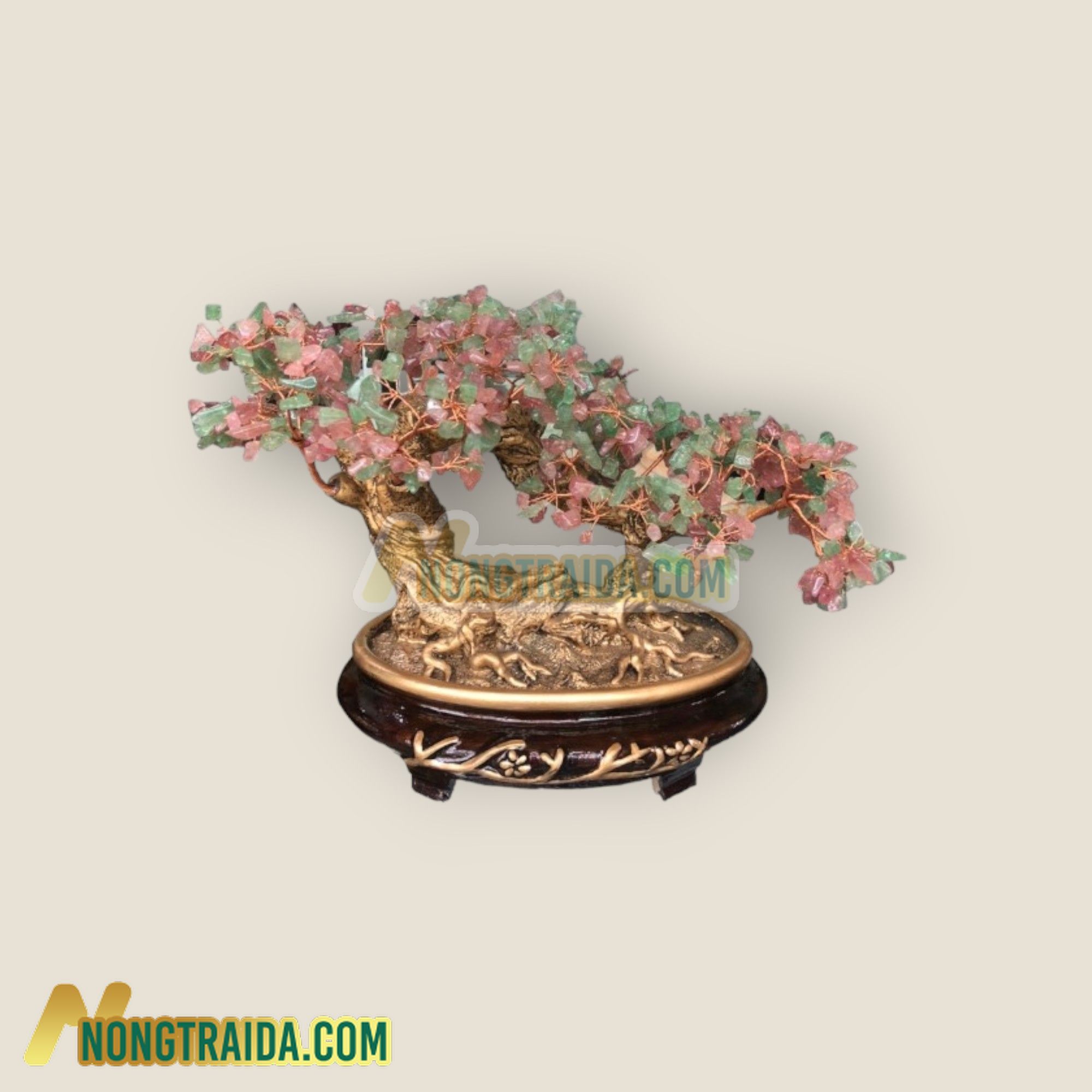 Cây tài lộc bonsai phong thủy đá thạch anh dâu tây xanh và đỏ – Cao 30cm