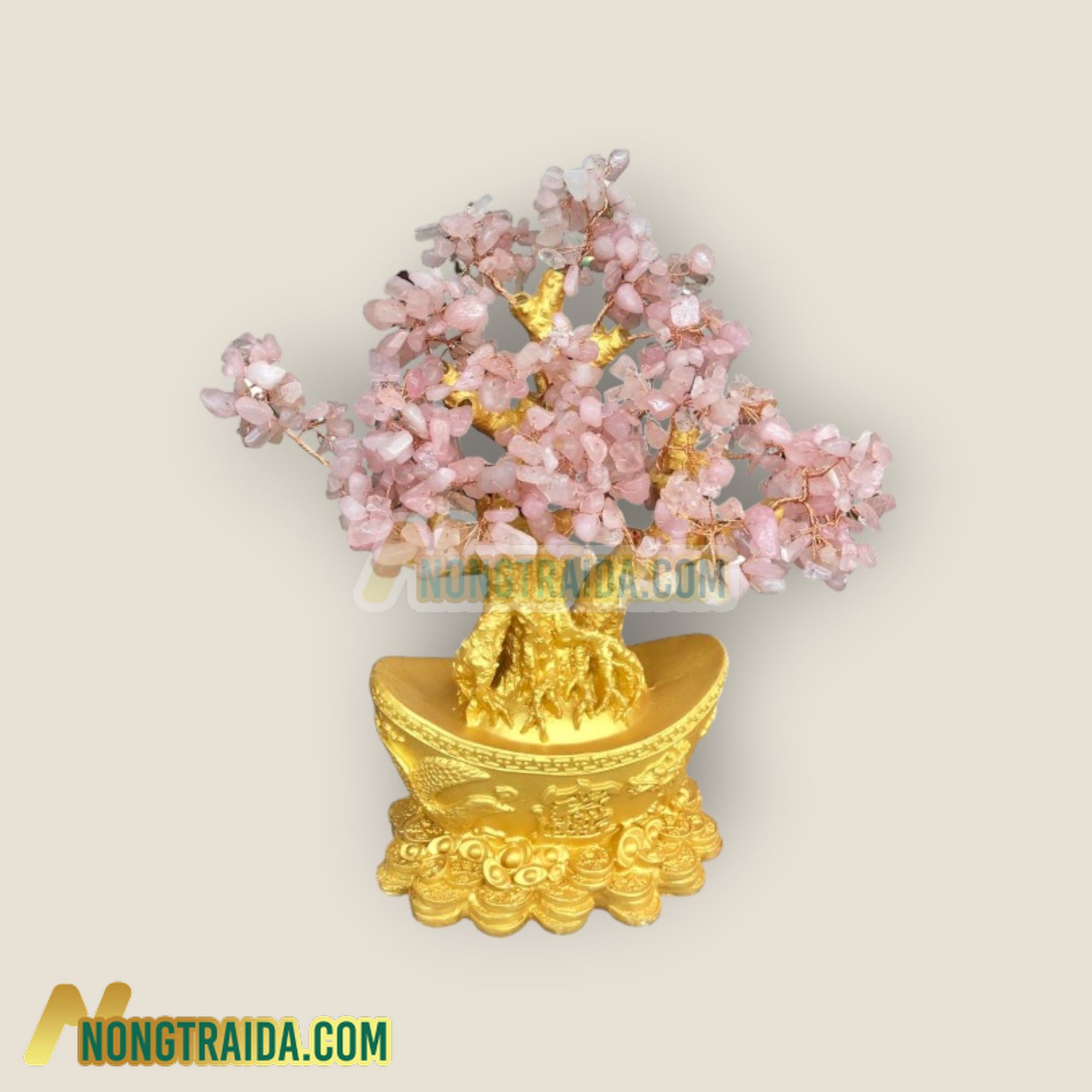 Cây Tài Lộc phong thủy đá thạch anh hồng với đế hình thỏi vàng để bàn làm việc, bàn thờ thần tài – Cao 30cm