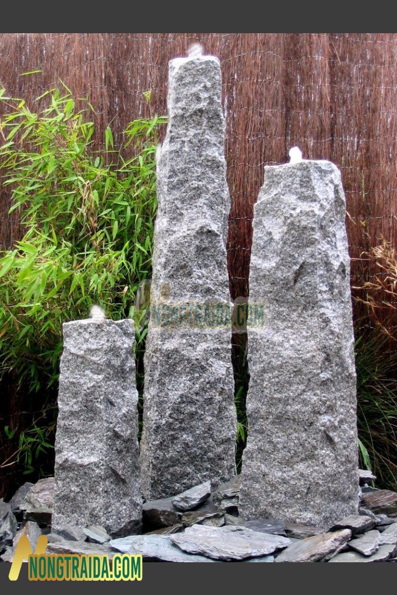 Đài phun nước 3 Obélisques đá Granite xám vuông 150cm