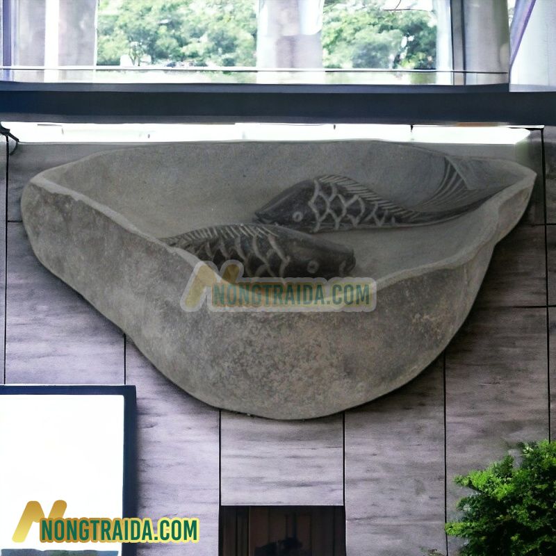 Đài Tắm Chim “Cá”, Đường kính 50cm, được chạm khắc tay từ đá sông Kích thước: 50,00×40,00×12,00cm