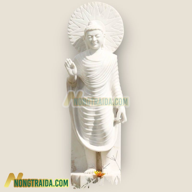 Tượng Phật đứng bằng đá trắng, tư thế Abhaya Mudra với đĩa lớn 98cm