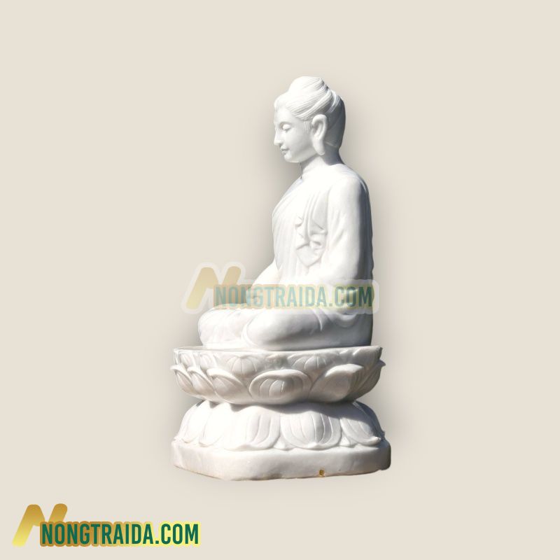 Tượng Phật Thiền Gandhara bằng đá trắng theo phong cách Gandhara, ngồi trên đế hoa sen, phù hợp cho vườn 115cm