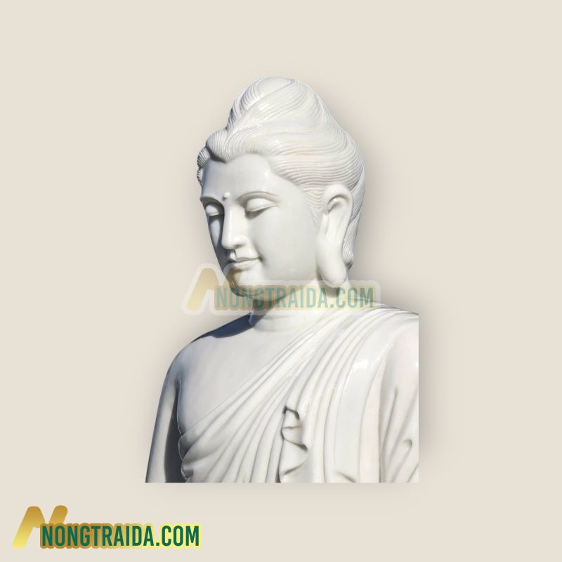 Tượng Phật Thiền theo phong cách Gandhara bằng đá trắng, tư thế Bhumisparsha Mudra, ngồi trên đế hoa sen 179cm