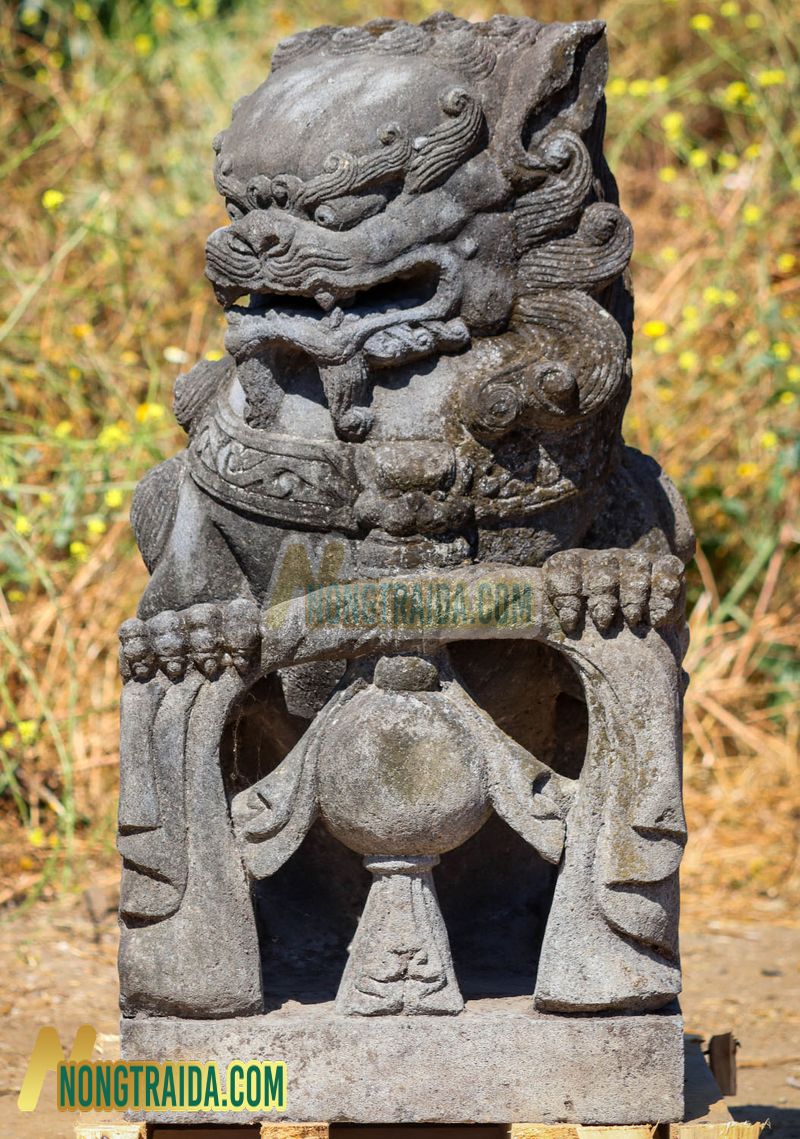 Tượng sư tử Foo Dogs hoặc Shishi Guardian Lions từ đá đen núi lửa, được khắc tay, cao 91.44cm