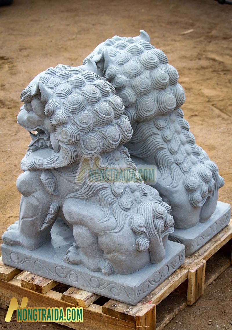 Tượng sư tử hoặc Shishi Guardian Lions từ đá khắc tay, phù hợp cho lối vào nhà, cao 63.5cm