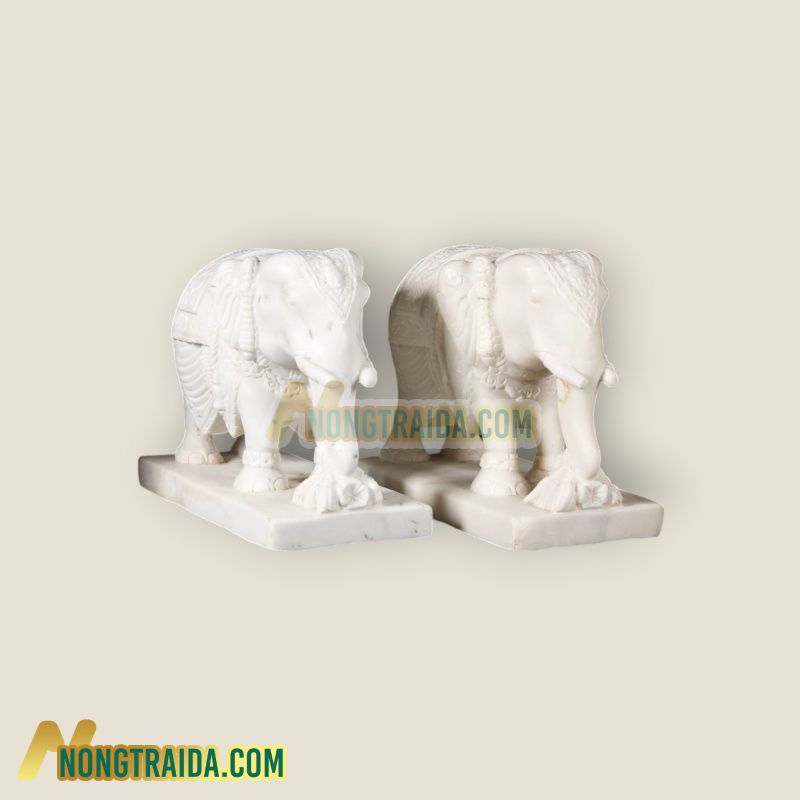 Tượng Voi Diễu Hành Trang Trí Bằng Đá Marble Trắng Ấn Độ Sang Trọng Cho Nhà Cửa 32cm