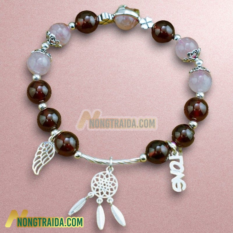 Vòng phong thủy đá Garnet & Thạch anh hồng 8mm mix charm bạc