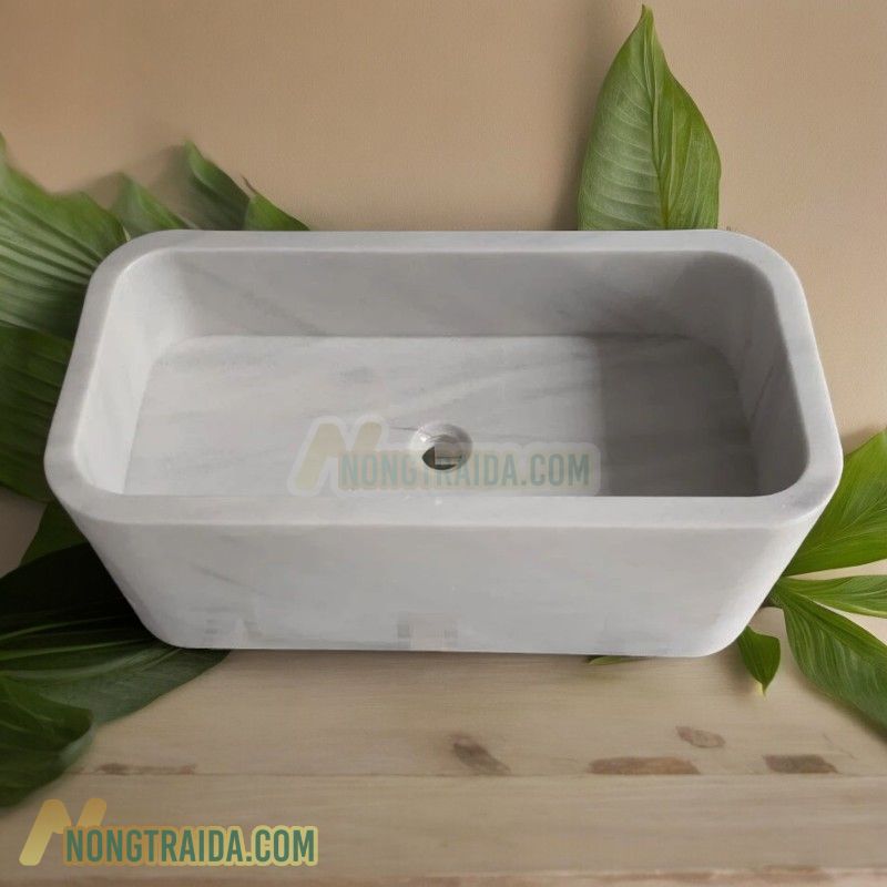 Lavabo đá trắng cẩm thạch chữ nhật sâu lòng