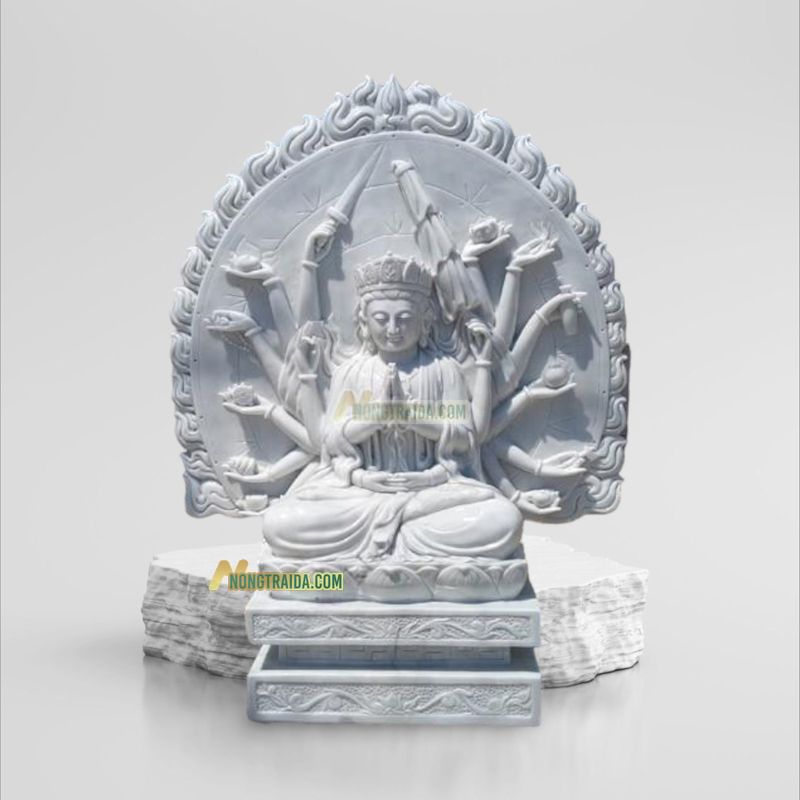 Tượng Đức Phật Mẫu Chuẩn Đề Bằng Đá Trắng Vân Ghi 136cm