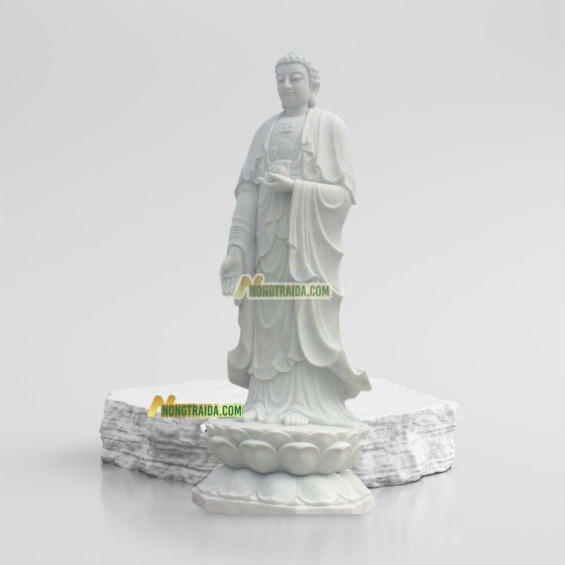 Tượng Phật A Di Đà Để Bàn Đứng Đá Trắng Vân 204cm