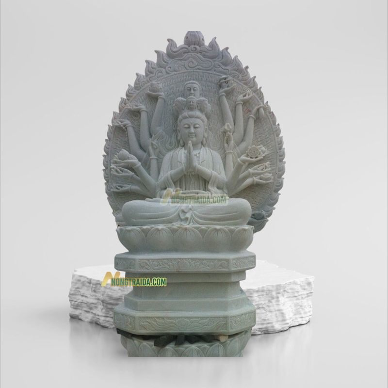 Tượng Phật Bà Quan Âm Nghìn Tay Nghìn Mắt Bằng Đá Trắng Vân 1.53M