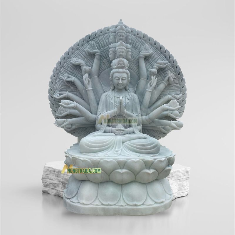 Tượng Phật Bà Quan Âm Thiên Thủ Thiên Nhãn Bằng Đá Cẩm Thạch Trắng Xanh 1.76M