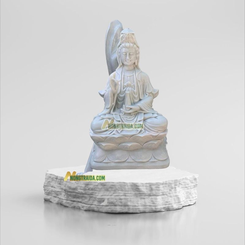 Tượng Phật Bà Quan Thế Âm Bồ Tát Ngồi Bằng Đá Trắng Non Nước 114cm