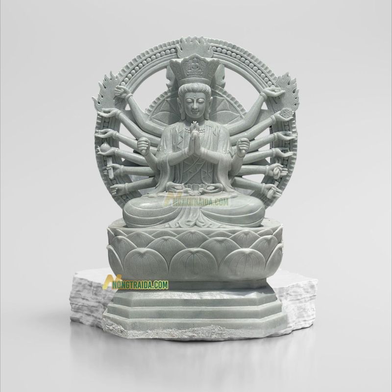 Tượng Phật Chuẩn Đề Bồ Tát Bằng Đá Trắng Vân Xanh 113cm