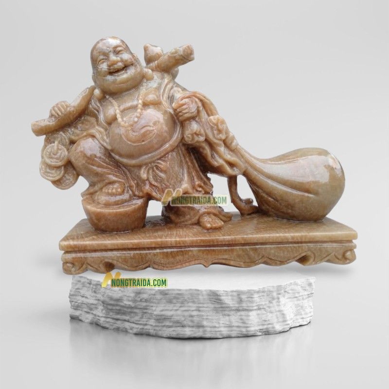Tượng Phật Di Lặc Kéo Bao Tiền Bằng Đá Cẩm Thạch Vân Gỗ 114cm