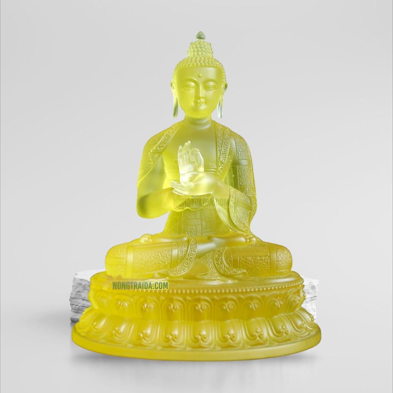 Tượng Phật Dược Sư Lưu Ly Ngồi Bằng Đá Lưu Ly Vàng 12.5cm