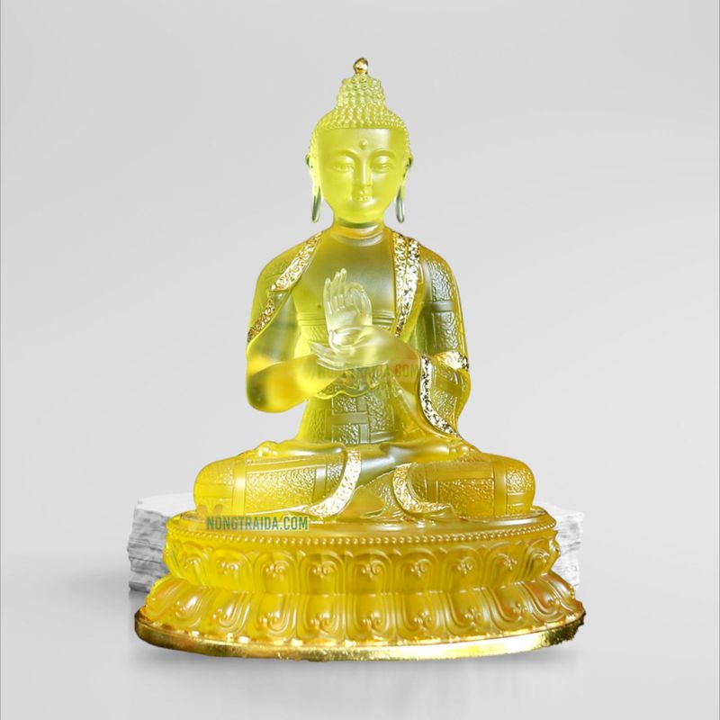 Tượng Phật Dược Sư Nhỏ Ngồi Bằng Đá Lưu Ly Vàng 15cm