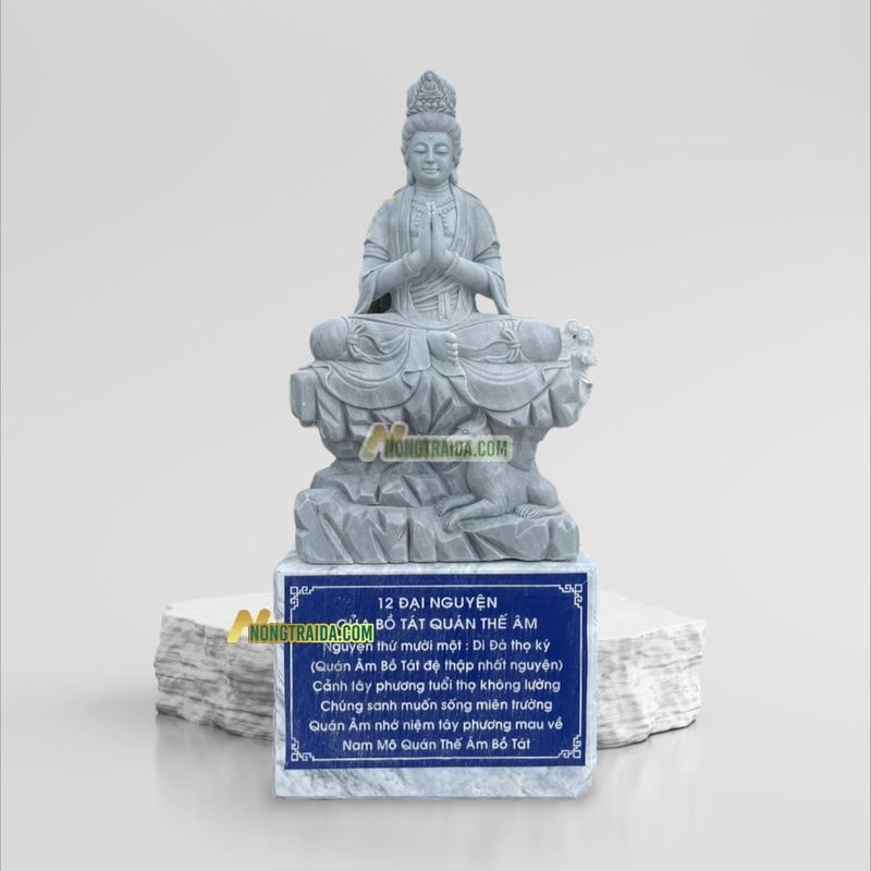 Tượng Phật Quan Âm Đá Ngồi Bằng Đá Trắng Xám 195cm