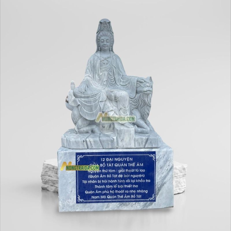 Tượng Phật Quan Âm Ngoài Trời Ngồi Bằng Đá Trắng Xám 210cm