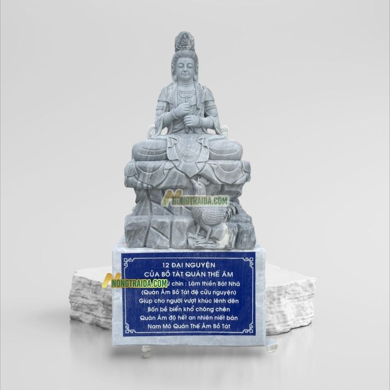 Tượng Phật Quan Âm Ngồi Bằng Đá Trắng Xám 190cm