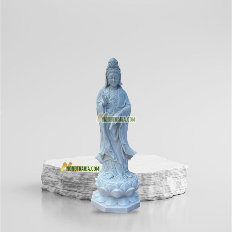 Tượng Phật Quan Thế Âm Đứng Bằng Đá Trắng Xanh 155cm