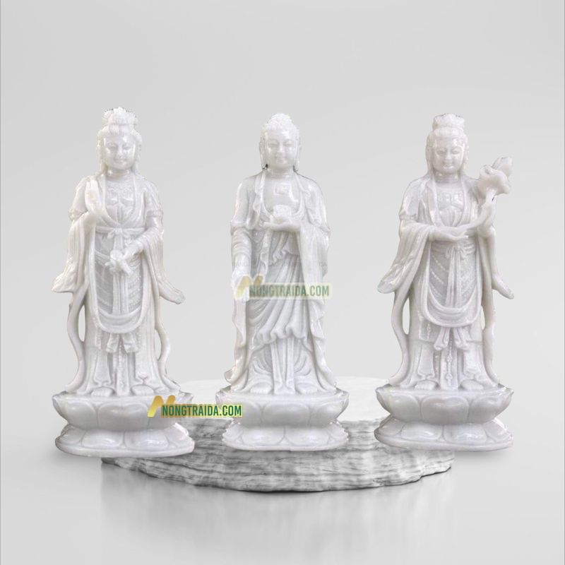 Tượng Phật Tây Phương Tam Thánh Ngồi Bằng Đá Onyx Xanh Nhỏ 29cm