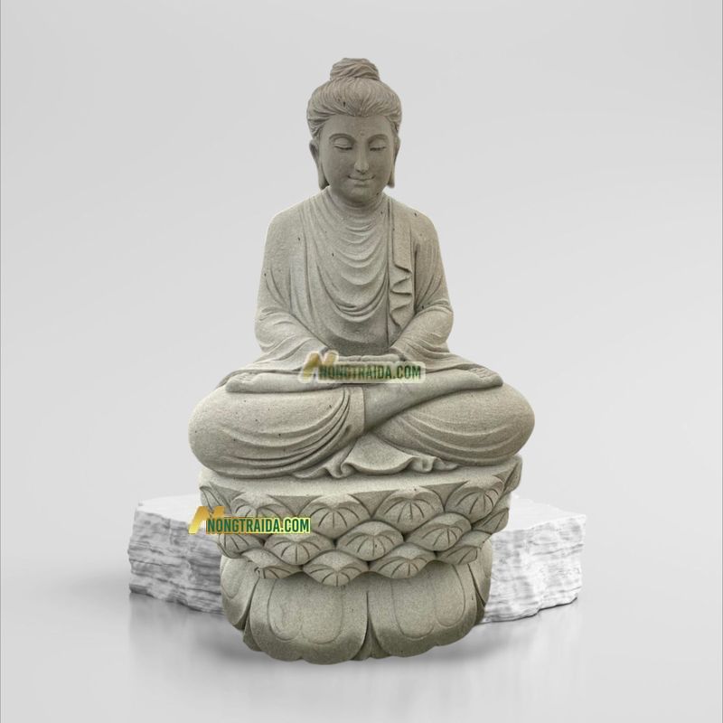 Tượng Phật Thích Ca Ngồi Thiền Bằng Đá Sa Thạch Ghi Xanh 114cm