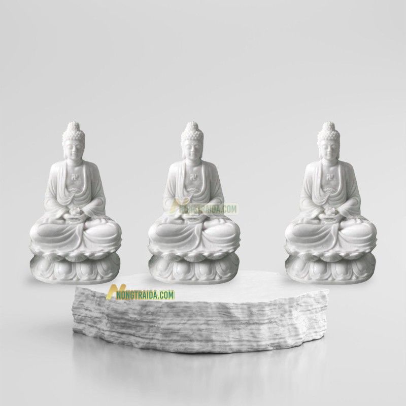 Tượng Tam Thế Phật Ngồi Bằng Đá Trắng Lục Yên 110cm